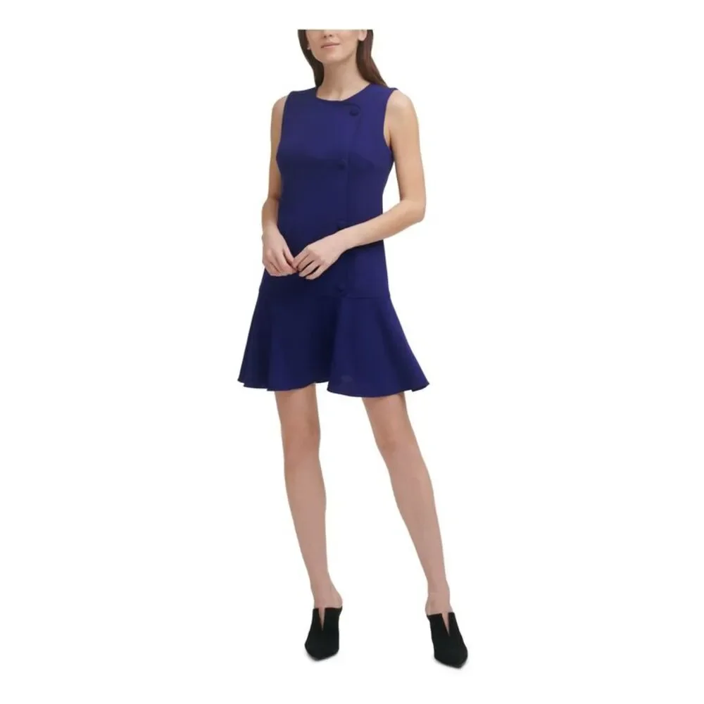 DKNY Womens Blue Fitted Faux Button Sleeveless Short Drop Waist Dress 8